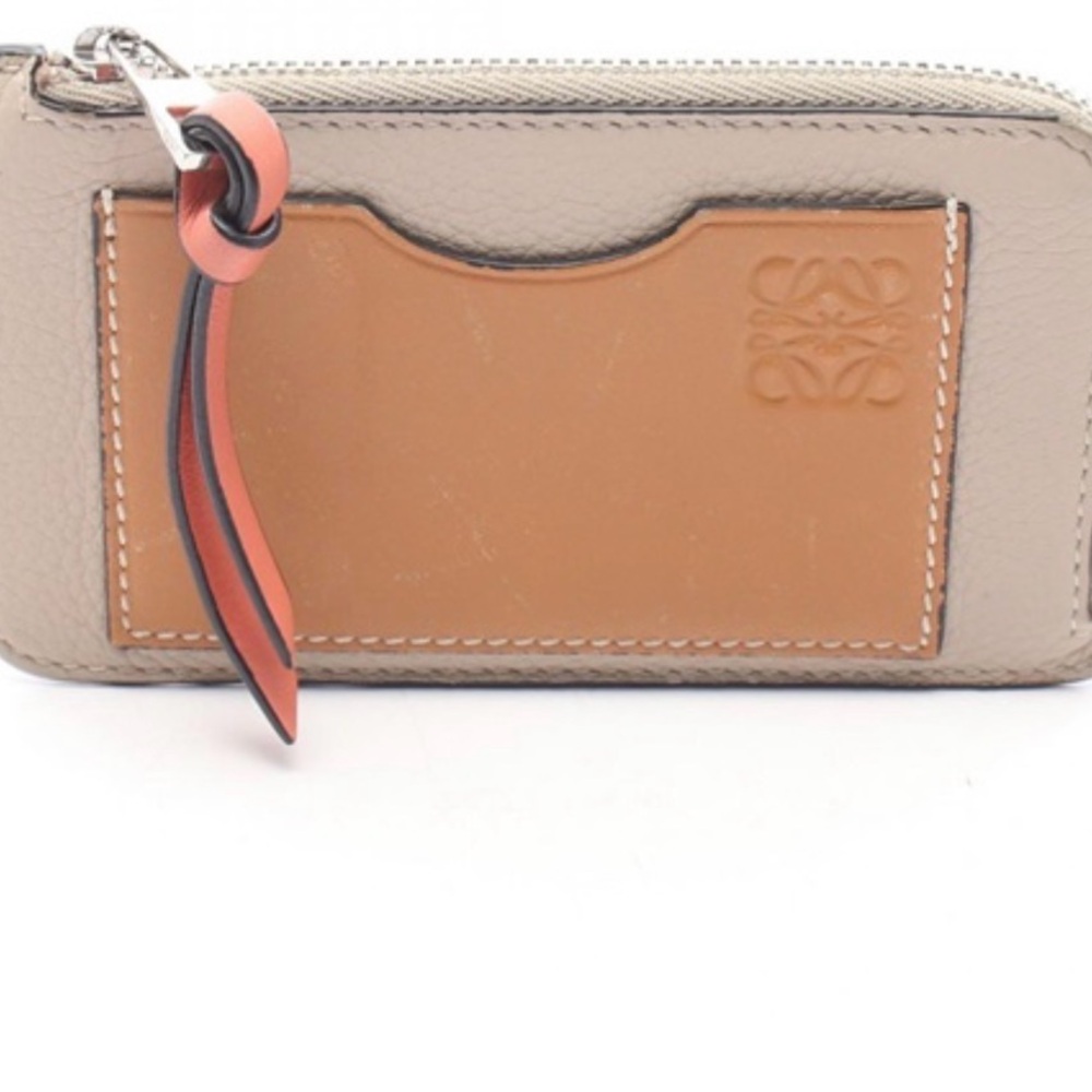 Loewe Taupe Leather Zip Card Wallet with Tan Front Pocket and Coral Tassel